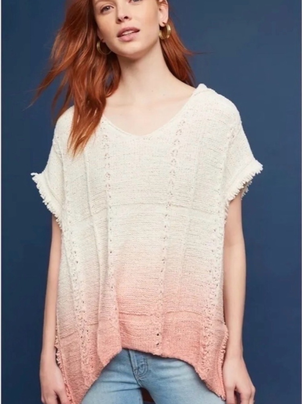 Moth Oversized Knit Hooded Poncho Cream and Pink Ombré